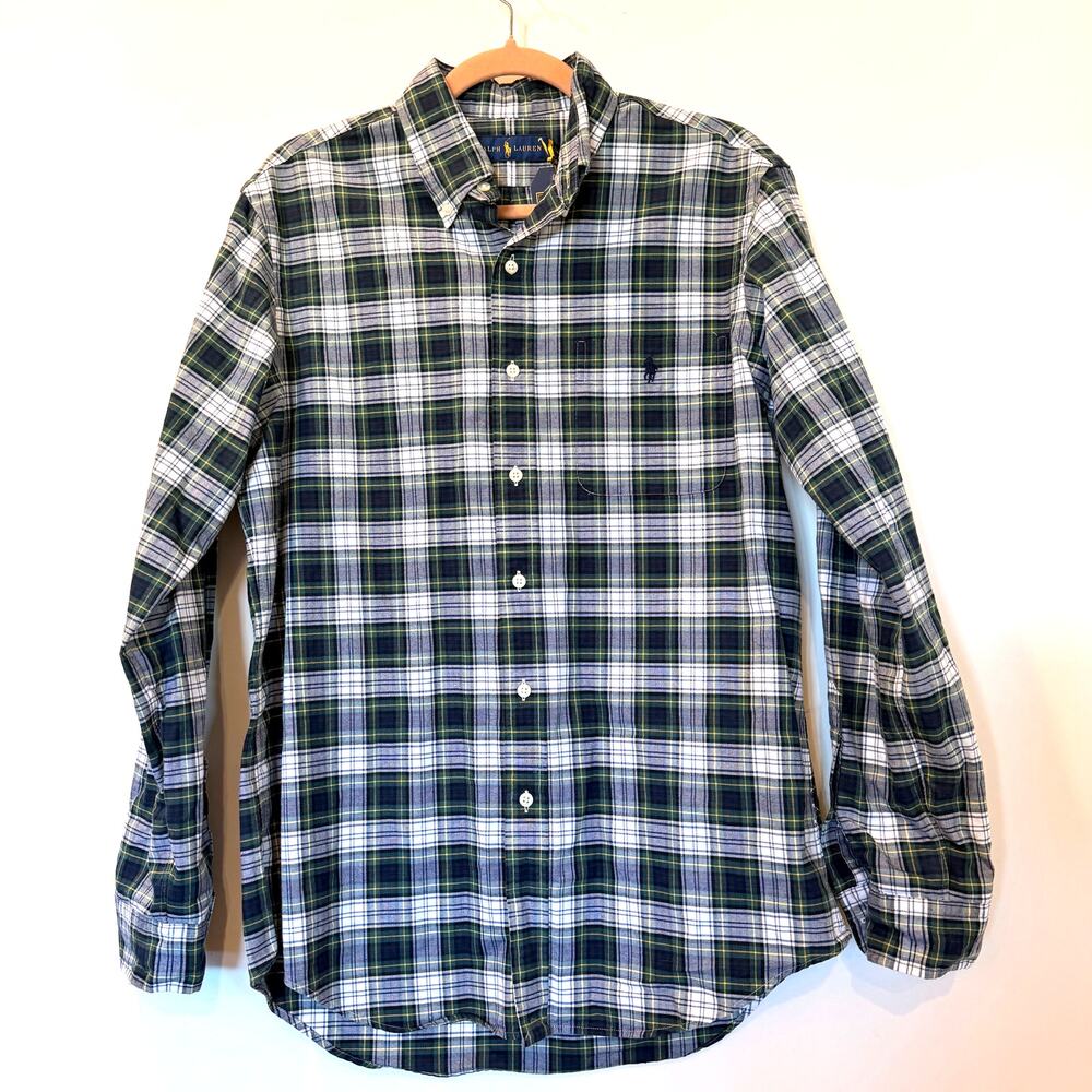 NWT Ralph Lauren Iconic Plaid Oxford Shift Green Navy Medium 100% cotton logo